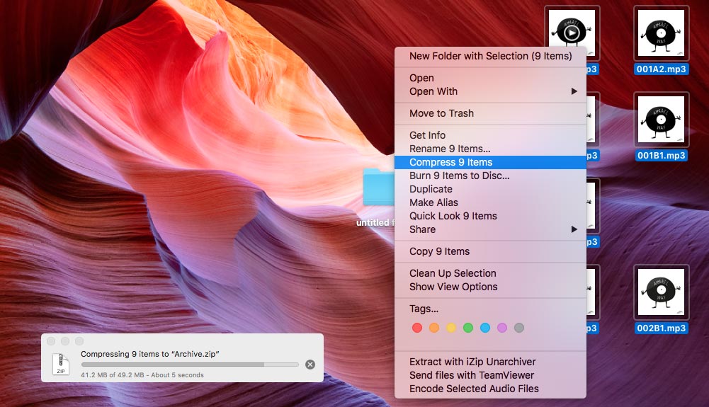 make a zip file on mac for only a few items